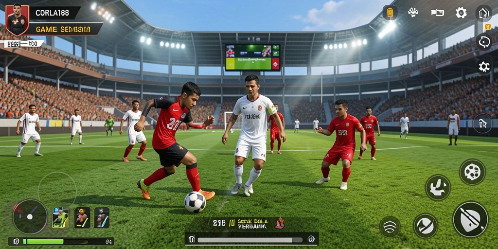 Screenshot gameplay CORLA188 menampilkan aksi seru di lapangan sepak bola.