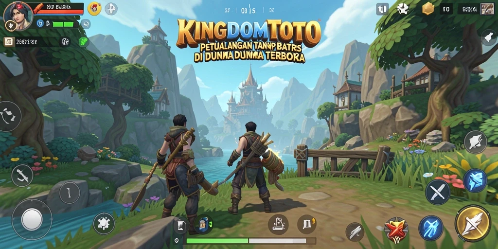 Screenshot gameplay KINGDOMTOTO menunjukkan petualangan di dunia terbuka.
